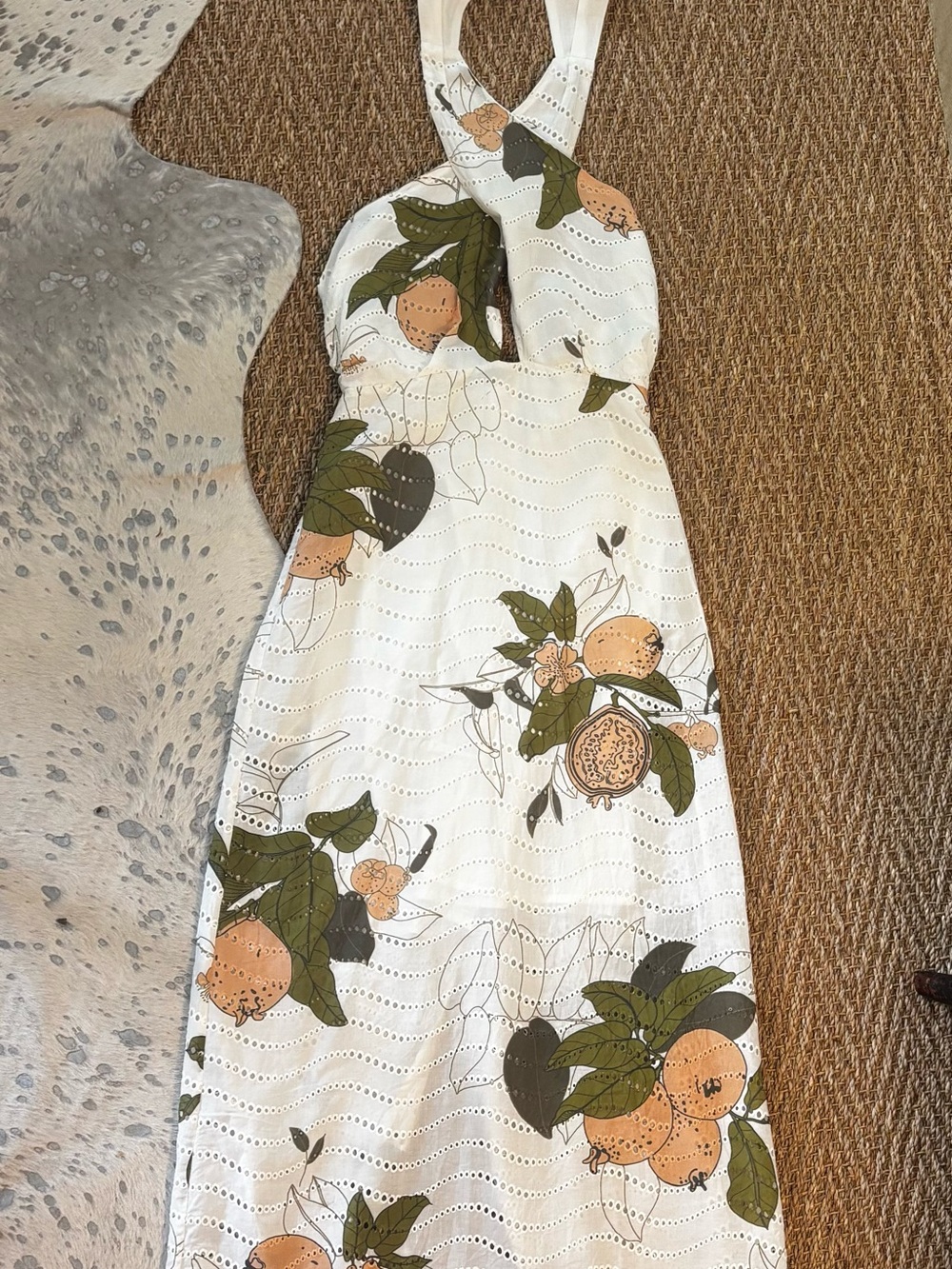 Women’s White Maxi Dress with Orange & Green Floral Print
